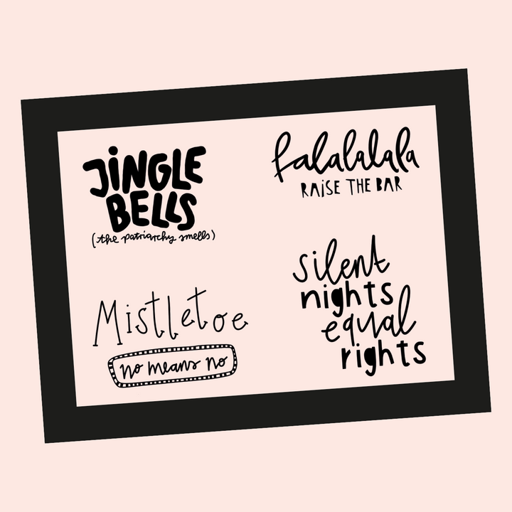 4 feministische X-MAS Sprüche und Stempelvorlage